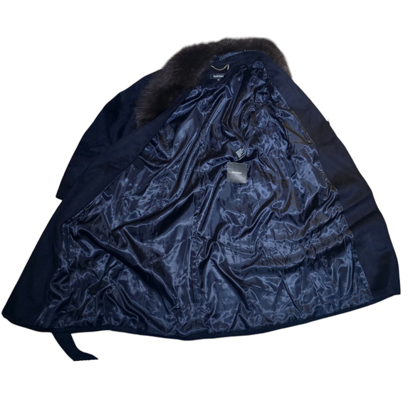 Women's Ellen Tracy Wool Coat, Size 14, Navy Faux Fur, Long, Belt - Picture 6 of 10